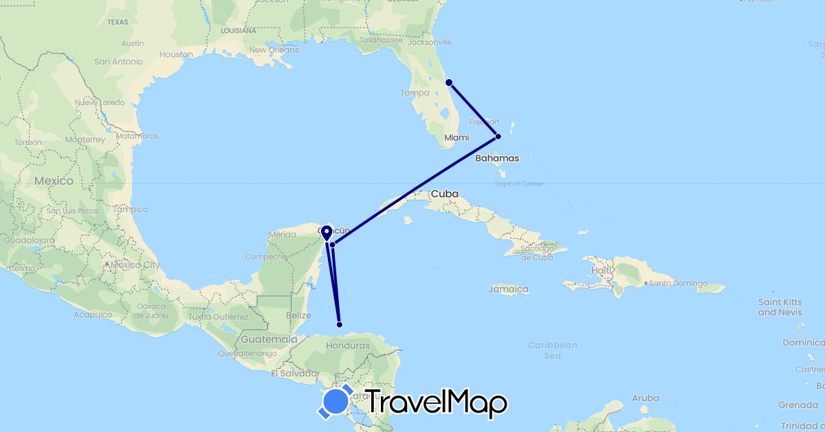 TravelMap itinerary: driving in Bahamas, Honduras, Mexico, United States (North America)
